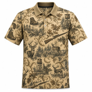 Deer & Rifle Toile Hunting Dad Polo Shirt  VCP1002