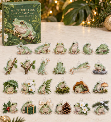 White Tree Frog advent calendar with 24 custom-shaped flat acrylic charms and printed dimensional artwork 2026 - 24-Day Countdown, Acrylic Charms