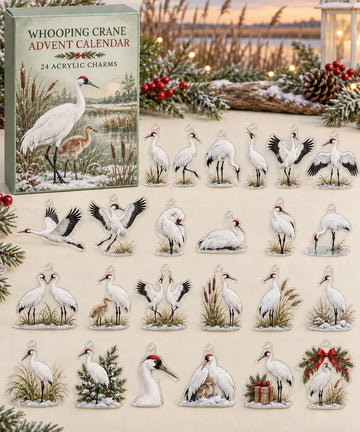 Whooping Crane advent calendar with 24 custom-shaped flat acrylic charms and printed dimensional artwork 2026 - 24-Day Countdown, Acrylic Charms