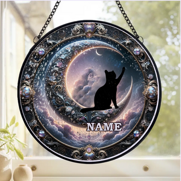 Witch Black Cat Personalized Window Stained Glass Gift For Cat Lovers