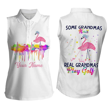 Women Sleeveless Polo Shirt Custom Some Grandmas Knit Real Grandmas Play Golf Flamingo Grandmas Golfer, Women Golf Shirts