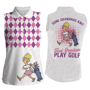 Women Sleeveless Polo Shirts Pink Argyle Pattern Some Grandmas Knit Real Grandmas Play Golf, Women Golf Shirts