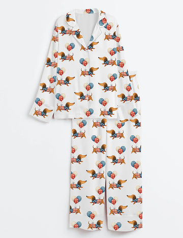 Women’s 4th Of July Pet Dog Lovers Watercolor America Flag Dachshund Dog Print Long Sleeve Satin Pajama Set