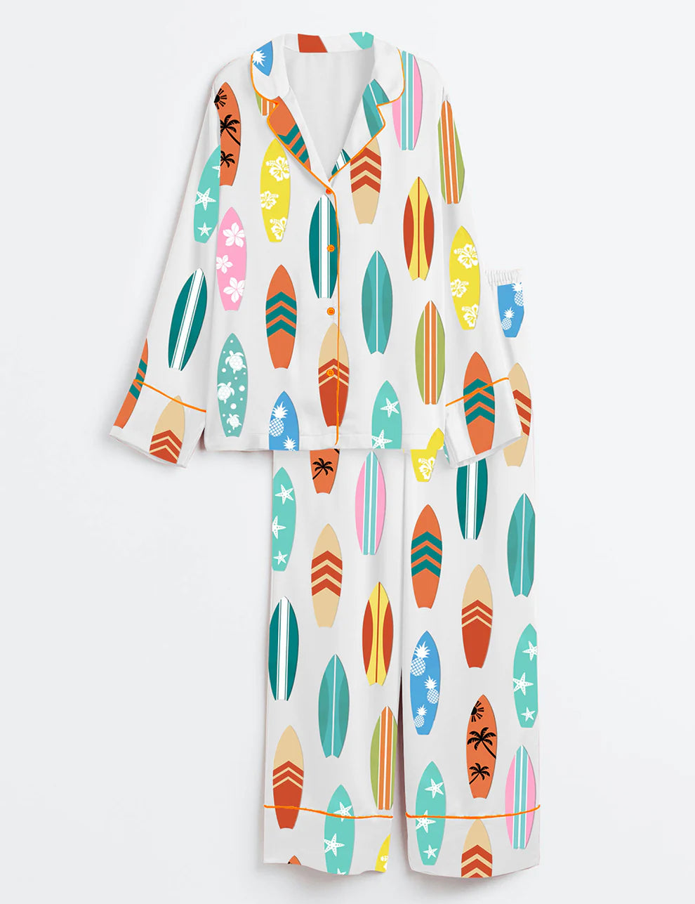 Women’s Surfboard Beach Wave Hawaii Surf Summer Beach Life Print Long Sleeve Satin Pajama Set