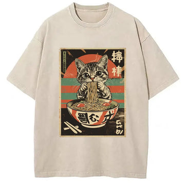 Personality fashion Kawaii Cat Lover Ramen Washed T-Shirt