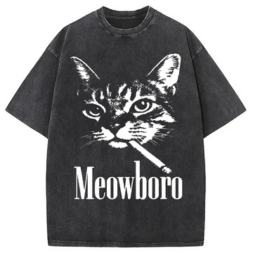Personality fashion Vintage Smoking Cat Washed T-Shirt