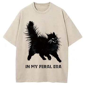 Personality fashion Wild Black Cat Washed T-Shirt