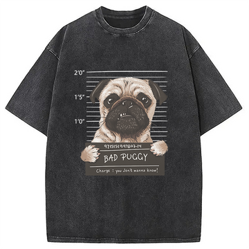 Personality fashion Cute Pug Mugshot Bad Puggy Funny Dog Washed T-Shirt