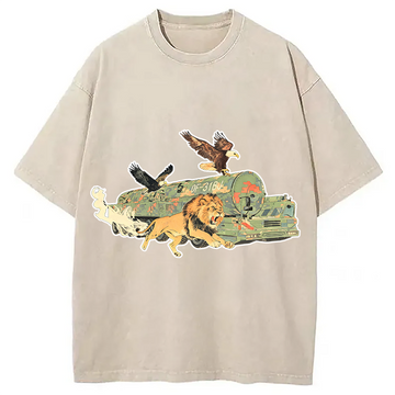 Personality fashion Lion and Nuclear Missiles Washed T-Shirt
