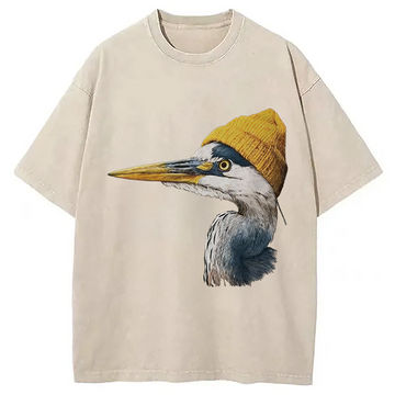 Personality fashion Blue Heron Wearing Beanie Washed T-Shirt