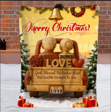 God Blessed The Broken Road, Car And Hearts Customized Flannel Blanket - Personalized Names and Year - Christmas Gift For Couples