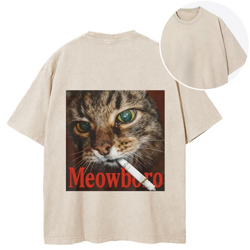 Personality fashion Funny Smoking Cat Meme Back Washed T-Shirt