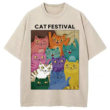 Personality fashion Colorful Cats Festival Washed T-Shirt