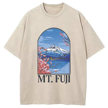 Personality fashion Mt. Fuji Cherry Blossom Japanese Washed T-Shirt