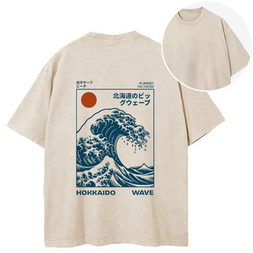 Personality fashion Hokkaido Wave Japan Back Washed T-Shirt