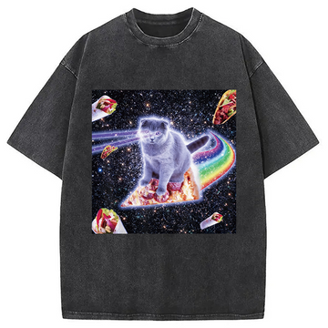 Personality fashion Space Cat Riding Rainbow Washed T-Shirt