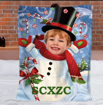 ⛄️Customized Snowman Blanket - Personalized Photos and Names Flannel Soft Blanket - Gift for Kids