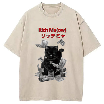 Personality fashion Rich Me(ow) Cat Washed T-Shirt