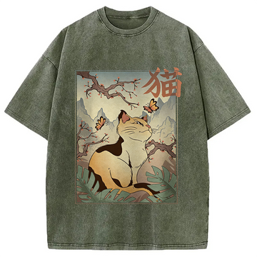 Personality fashion Kawaii Cat Washed T-Shirt