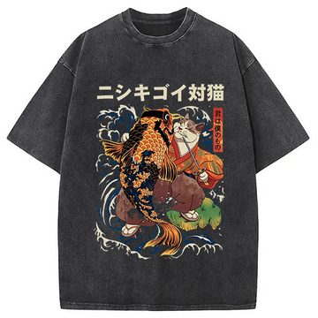 Personality fashion The Cat And The Koi Washed T-Shirt