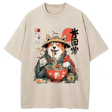 Personality fashion Corgi Eating Ramen Washed T-Shirt