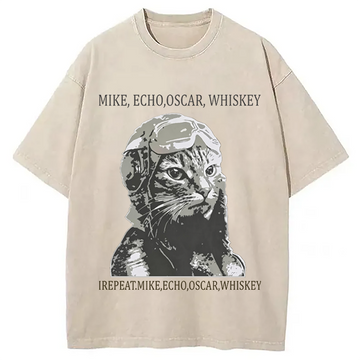 Personality fashion Funny Pilot Cat Meme Washed T-Shirt
