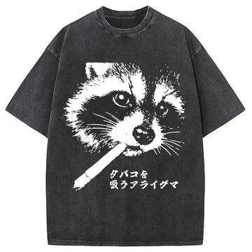 Personality fashion Somking Raccoon Washed T-Shirt