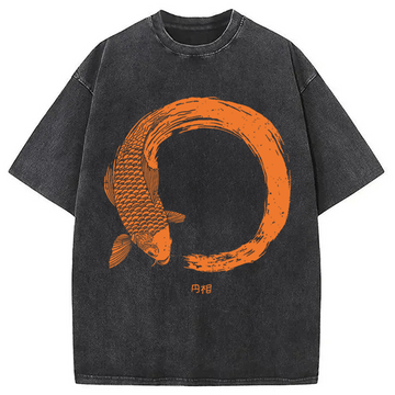 Personality fashion Orange Koi Fish Circle Washed T-Shirt