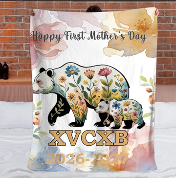 Floral Mom-Kid Bear Customized Soft Throw Blanket – Personalized Title, Text And Year – Home Decor Mother's Day Gift