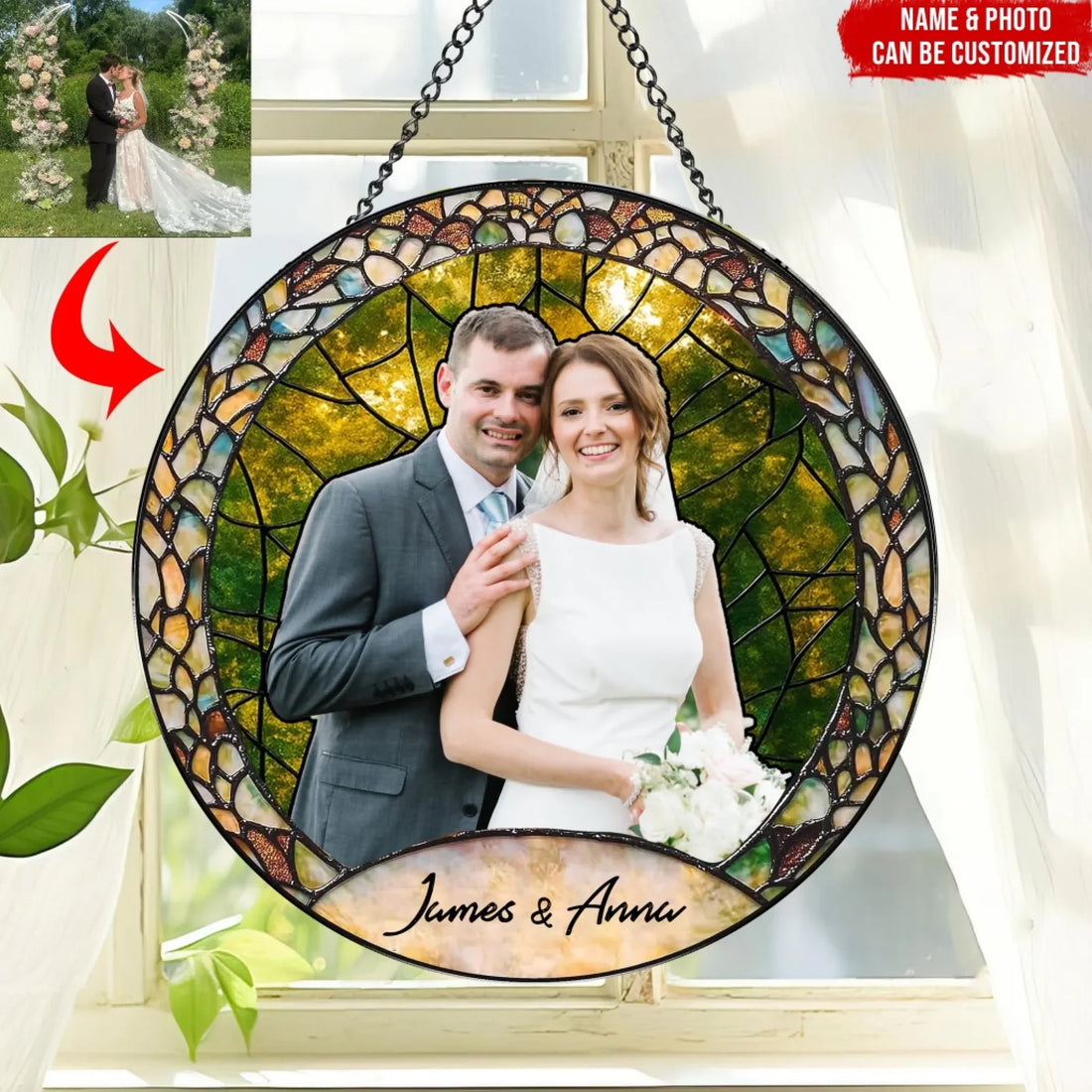 Wedding Couple Personalized Window Stained Glass Custom Photo Suncatcher Gift For Wifehusband Family Keepsake