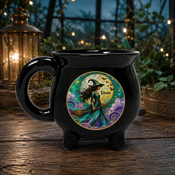 Personalized Witch Cauldron Mug a?? Stained Glass Moon and Broom Design