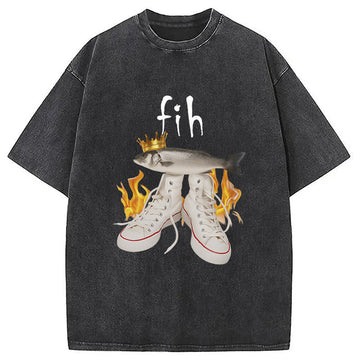Personality fashion Fih Funny Meme Washed T-Shirt
