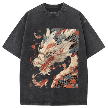 Personality fashion Dragon Koi Fish Washed T-Shirt