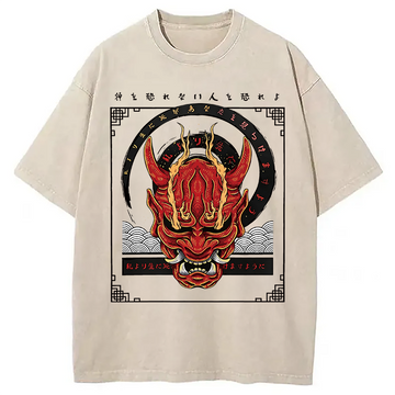 Personality fashion Oni Mask Japanese Washed T-Shirt