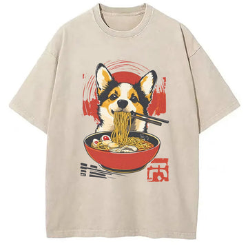 Personality fashion Retro Dog Ramen Washed T-Shirt