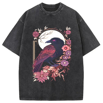 Personality fashion Goth Raven Moon Washed T-Shirt