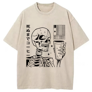 Personality fashion Japanese Skeleton Coffee Washed T-Shirt