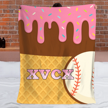 Customized Ice Cream Baseball Blanket - Personalized Name - Gift For Baseball Enthusiast, Athlete