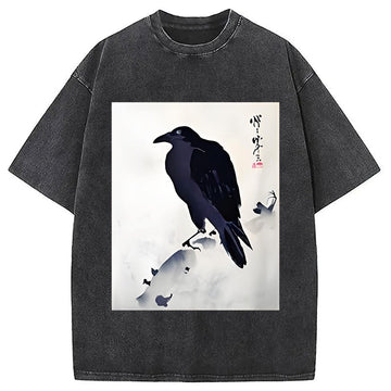 Personality fashion Japanese Kyosai Crow Washed T-Shirt