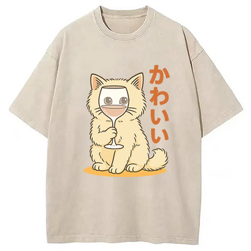 Personality fashion Kawaii Cat with Wine Glass Face Washed T-Shirt