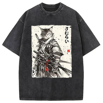Personality fashion Retro Japanese Cat Samurai Washed T-Shirt