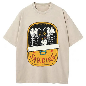 Personality fashion Sardine and Cat Washed T-Shirt