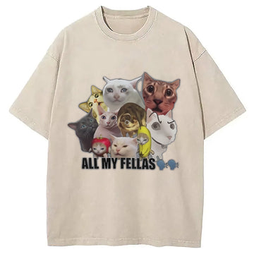 Personality fashion All My Fellas Internet Cats Meme Washed T-Shirt