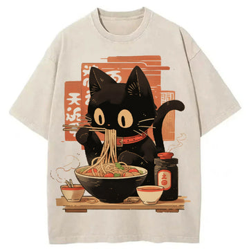 Personality fashion Edo Period Ramen Noodles Art Japan Black Cat Washed T-Shirt
