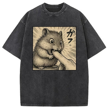 Personality fashion Funny Hamster Bite Washed T-Shirt
