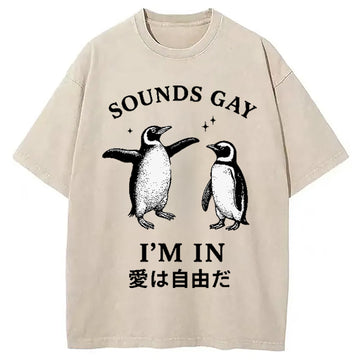 Personality fashion Loving And Free Penguins Washed T-Shirt