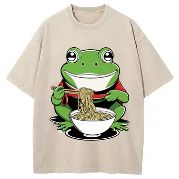 Personality fashion Cute Frog Eating Ramen Washed T-Shirt