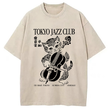 Personality fashion Tokyo Jazz Kitty Washed T-Shirt