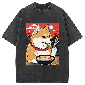 Personality fashion Cute Shiba Inu Dog Eating Ramen Washed T-Shirt