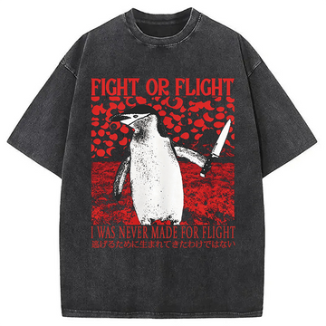 Personality fashion Vintage Japanese Funny Penguin Washed T-Shirt